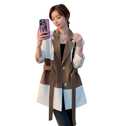 Color Block Laple Blazer Coat Women Full Sleeve Single Breasted Belt Casual New Versatile  Female Loose