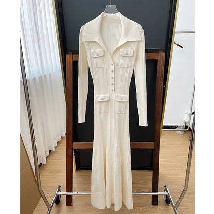 Ivory fishtail maxi dress delicate and elegant ribbed knit long sleeve stretch slim wrap Womens dresses  spring new