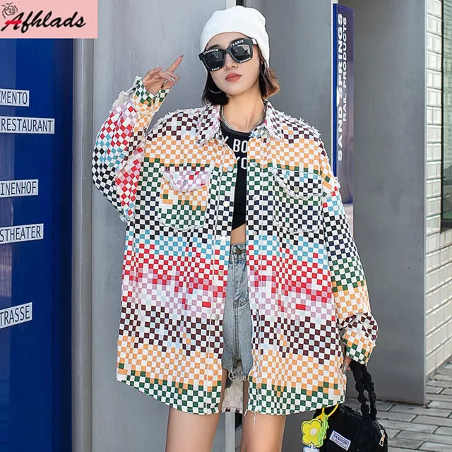 Cartoon Beading Print Color Contrast Patchwork Denim Shirt Women's Single Breasted Turn-Down Collar Long Sleeve Streetwear Loose