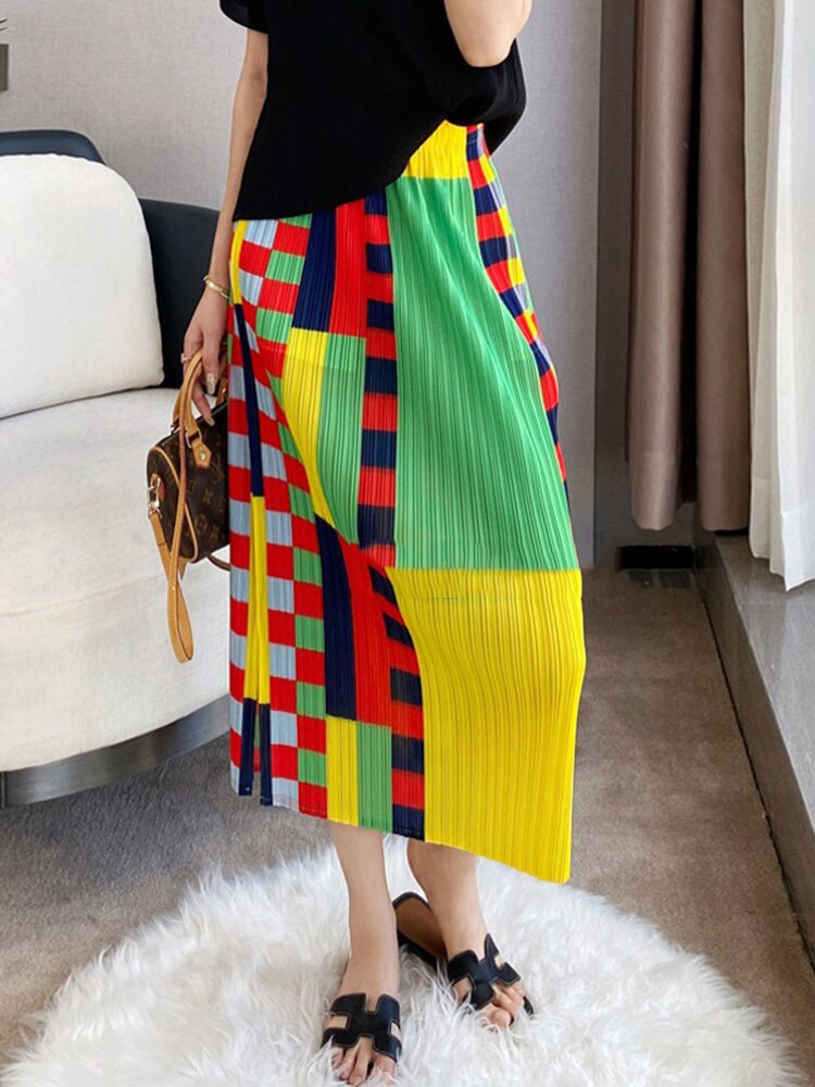 Women Pleated Skirt Color Block Plaid Print High Waist Elegant Hip Package Skirts Casual Style Summer Fashion