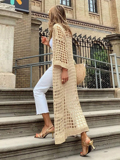 Apricot colored hollowed out elongated beach fairy versatile cardigan knitted sweater