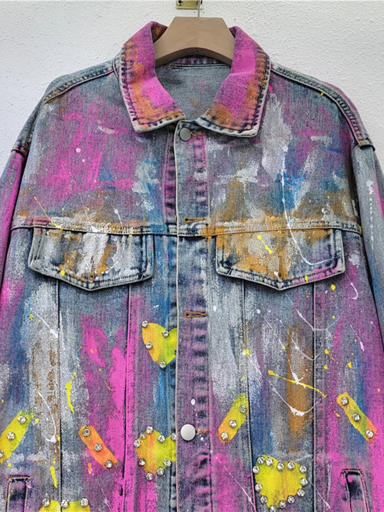 Women Denim Coat Colorful Heart Shaped Graffiti Hand Drawn Diamonds Single Breasted Jackets  Autumn New Fashion