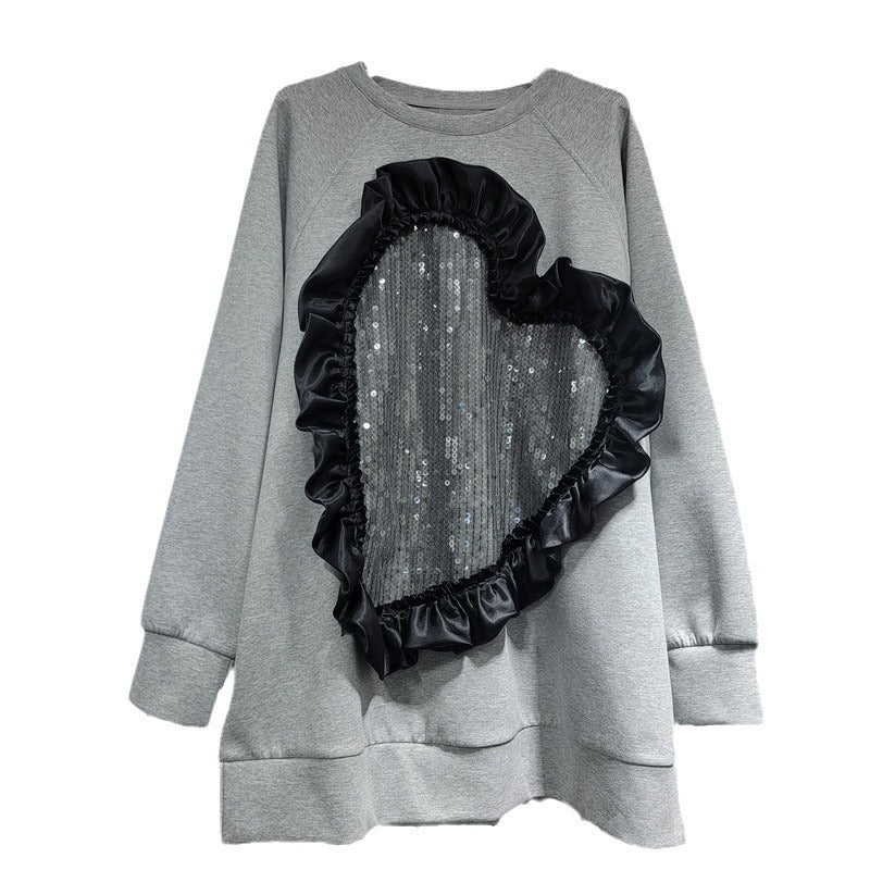 European and American fashion round neck heart-shaped sequin splicing loose long sleeved sweatshirt for women's fashion