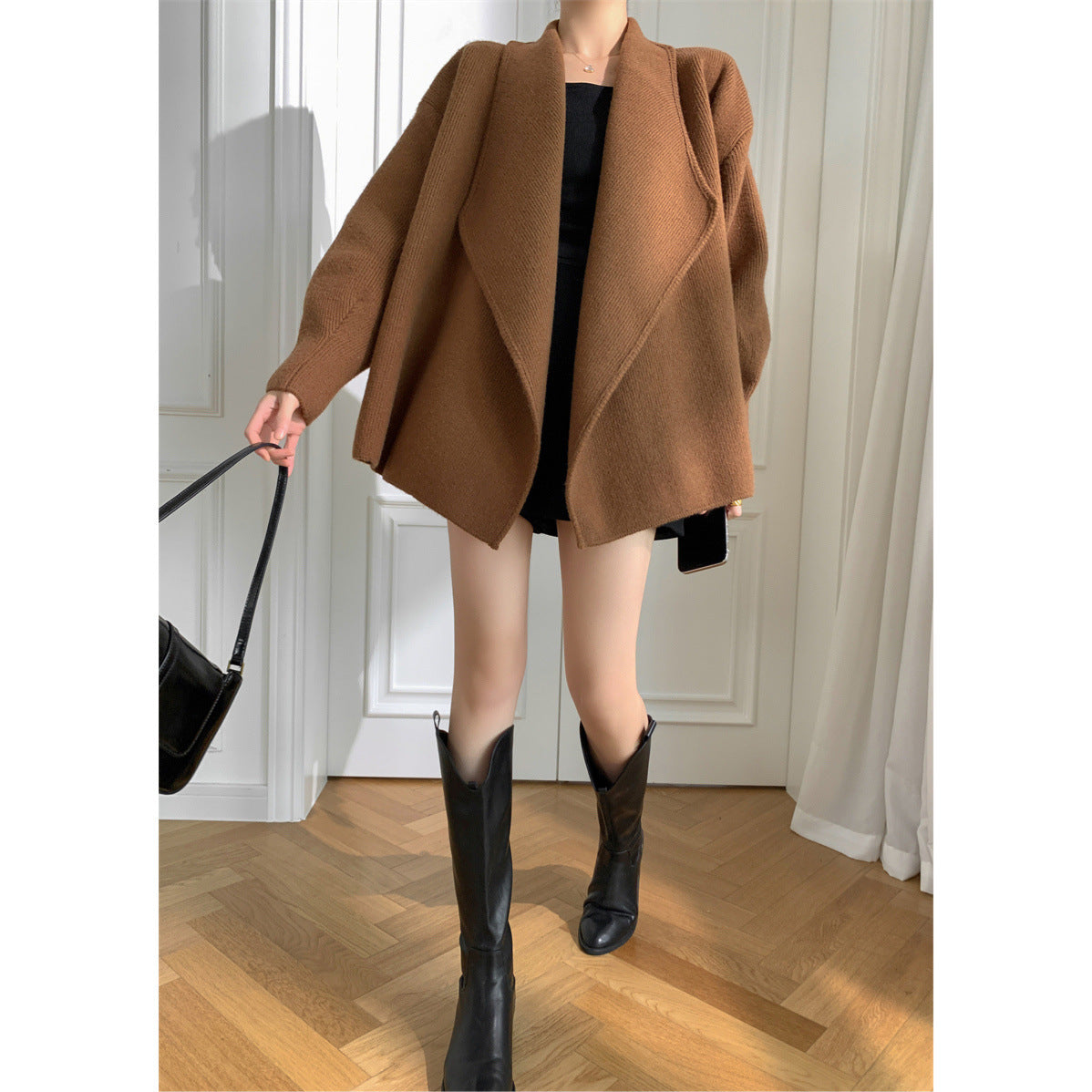 Solid Loose Casual Knitting Sweaters For Women Lapel Long Sleeve Minimalist Temperament Sweater  Coat