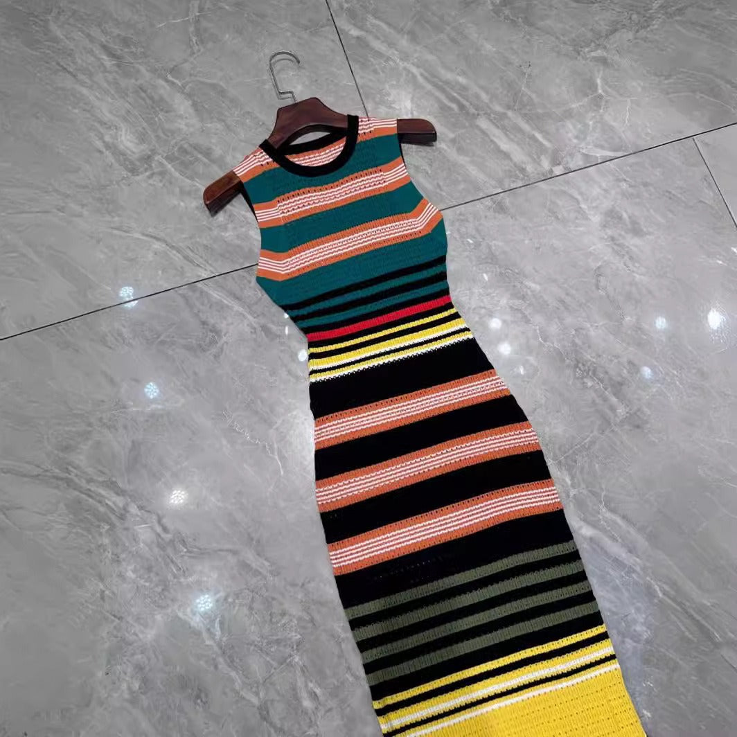 Colorful horizontal striped jacquard woven slim fitting sleeveless knitted dress