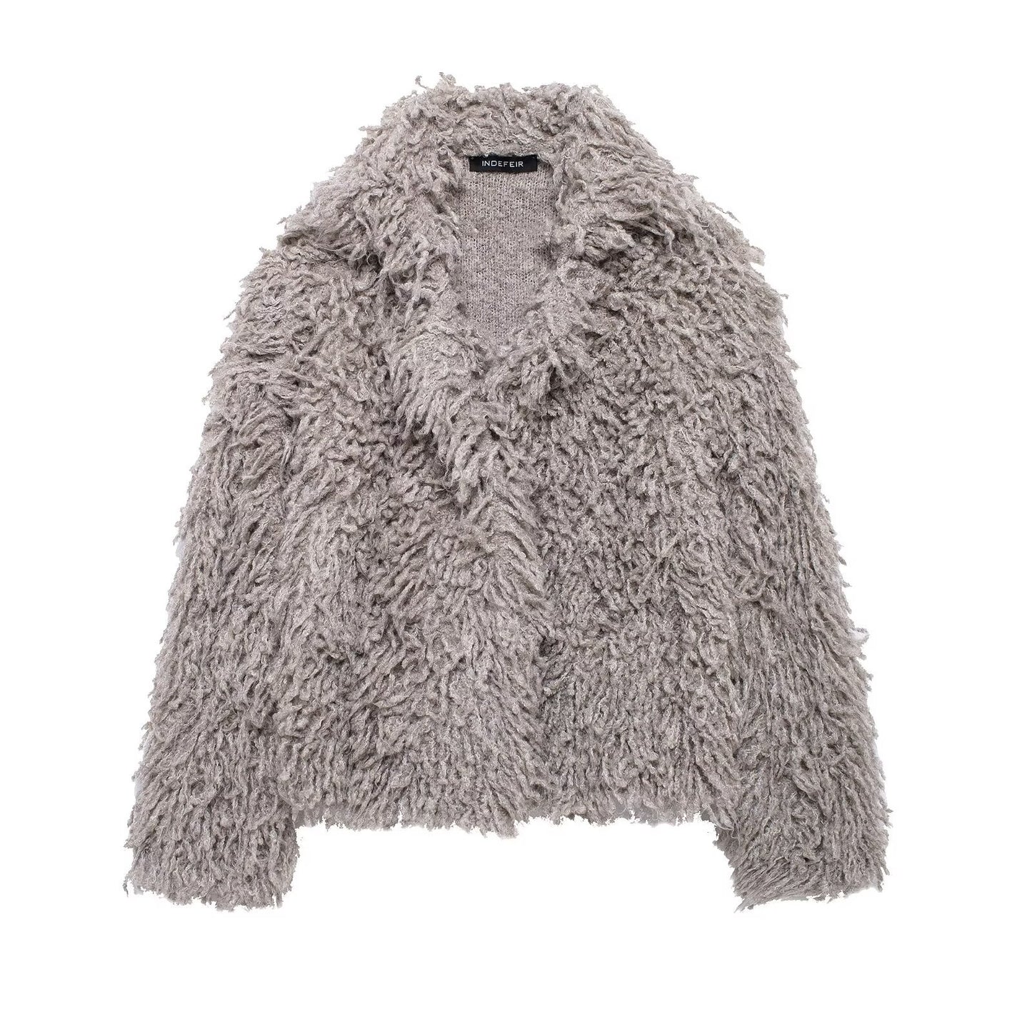 European and American style faux fur effect lapel long sleeved knitted jacket