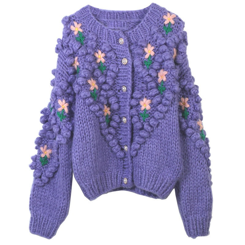 Sweater Buckle Hook Flower Handmade Loose Round Neck Long Sleeve Knitted Cardigan Coat