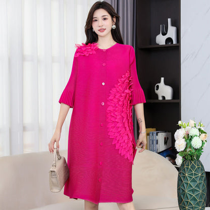 Wrinkle original design belly covering dress, new three-dimensional floating flower high-end Western style cardigan skirt