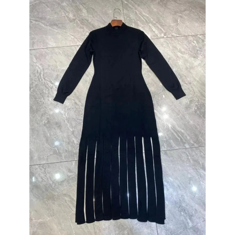 Women's High Neck Long Sleeve Dress Fashion Tassel Design Sense Autumn Winter New Knitting Elegant Temperament Formal Dress