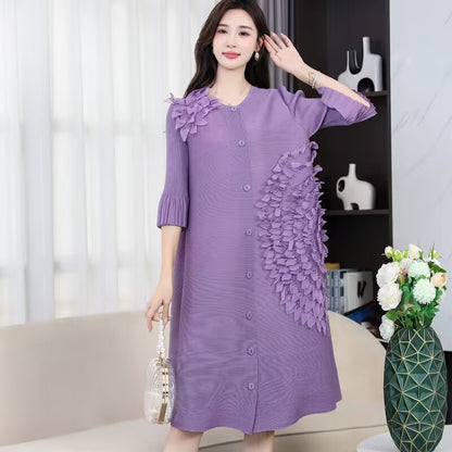 Wrinkle original design belly covering dress, new three-dimensional floating flower high-end Western style cardigan skirt