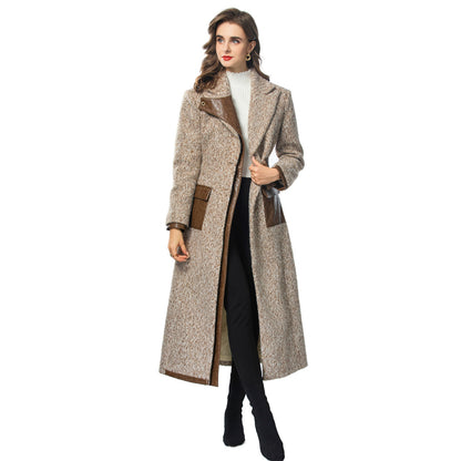 Retro lapel fur roll PU splicing single breasted long women's trench coat jacket