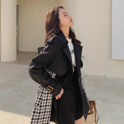 Plaid Trench For Women Notched Collar Long Sleeves Patchwork Belt Temperament Windbreaker Female