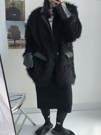 Korean Designed Black Imitation Fur Thick Coat Women's Splicing PU Leather Fashionable Loose Plush Fur Coat Winter Couple