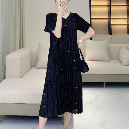 Summer new design sense, standing pleat nail bead high elasticity comfortable dress, women's age reducing casual dress