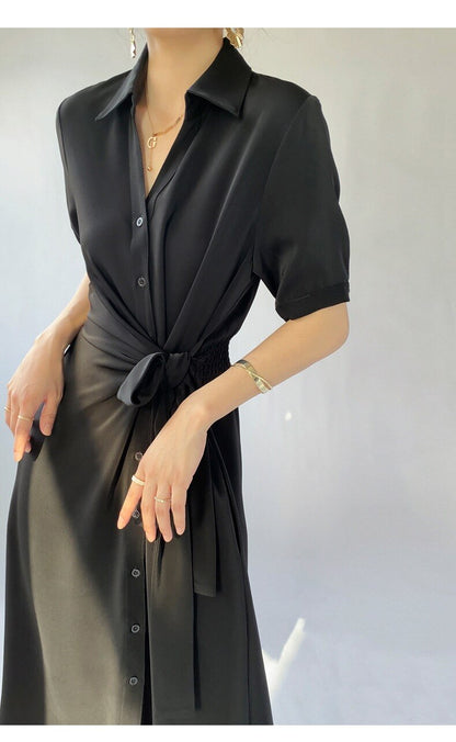 New French Light Luxury Senior Sense Of Temperament Waist-Skimming Acetate Satin Texture Shirt Dress