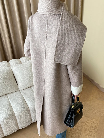 Gray Color-block With Scard Big Size Woolen Coat New V-neck Long Sleeve Women Jacket Fashion Autumn Winter