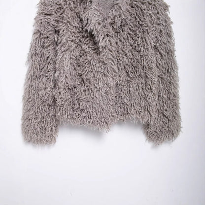 European and American style faux fur effect lapel long sleeved knitted jacket