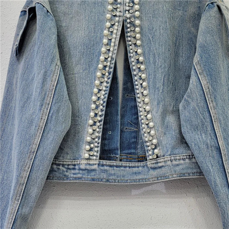 Nail pearl studded diamond fringed denim jacket for women