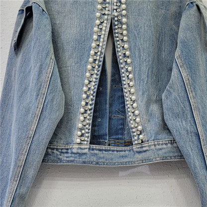 Nail pearl studded diamond fringed denim jacket for women