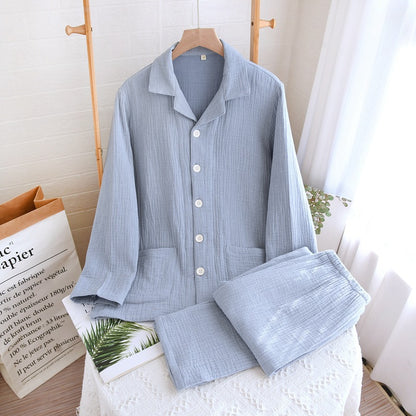 Women's sleepwear made of pure cotton with four layers of gauze, suitable for couples in spring, autumn, and winter. Men's casual plus size set