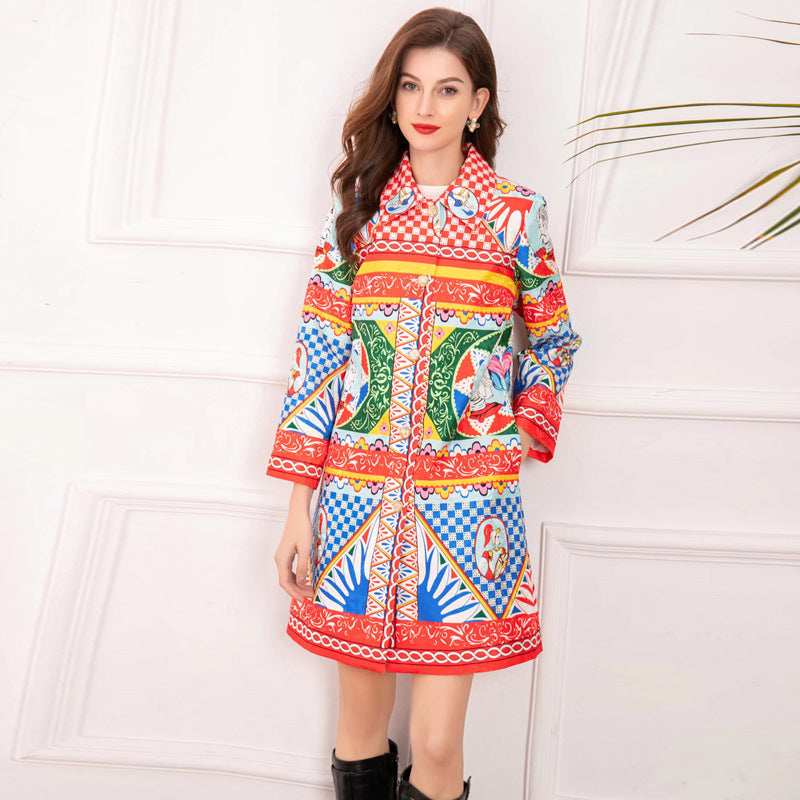 Early Spring New Women's Lapel Long Sleeve Colorful Geometric Print Loose Trench Coat