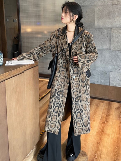 Loose Fit Brown Pattern Big Size Long Woolen Coat Parkas New Long Sleeve Women Fashion Autumn Winter