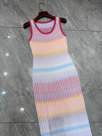 Striped sleeveless summer contrasting round neck wrapped buttocks knitted dress for women