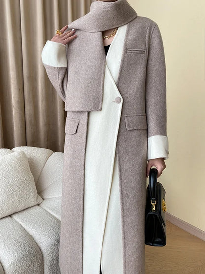 Gray Color-block With Scard Big Size Woolen Coat New V-neck Long Sleeve Women Jacket Fashion Autumn Winter