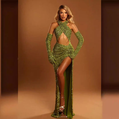 Elegant backless halterneck sexy sequined green elegant hollow bodycon floor length dress party party dress