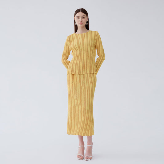 Striped print summer design fish scale pleated suit long sleeve top slim skirt two piece suit