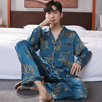 Ice silk long sleeved pajamas for men and men simulated silk plus size home suit set