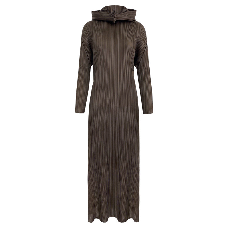 Spring new pleated a-line long skirt solid color long sleeve slim hooded dress winter female design