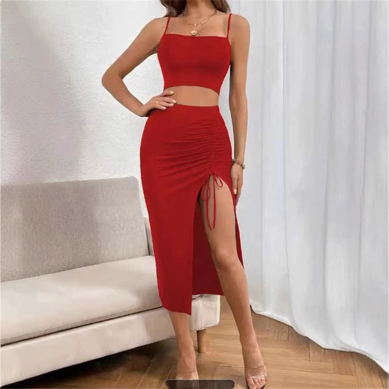 Slim Fit Sleeveless Split Mid-length Dress Set Women