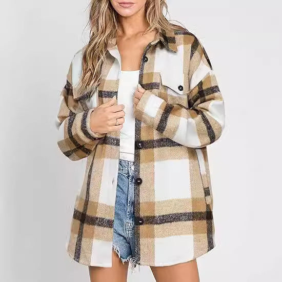 Women's Plaid Buckle Jacket Casual Fashion Long Sleeve Coat