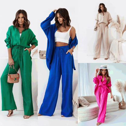 European And American Ins Style Solid Color Leisure Fashion Long Sleeve Blouse And Pants