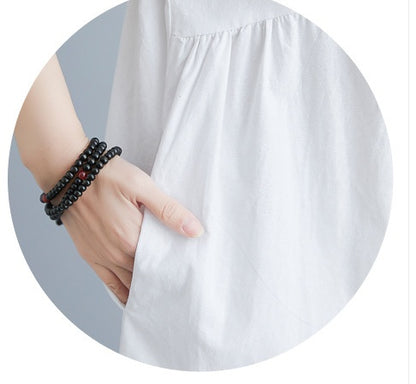 Literary Loose Plain Cotton And Linen Stand Collar Short Sleeves