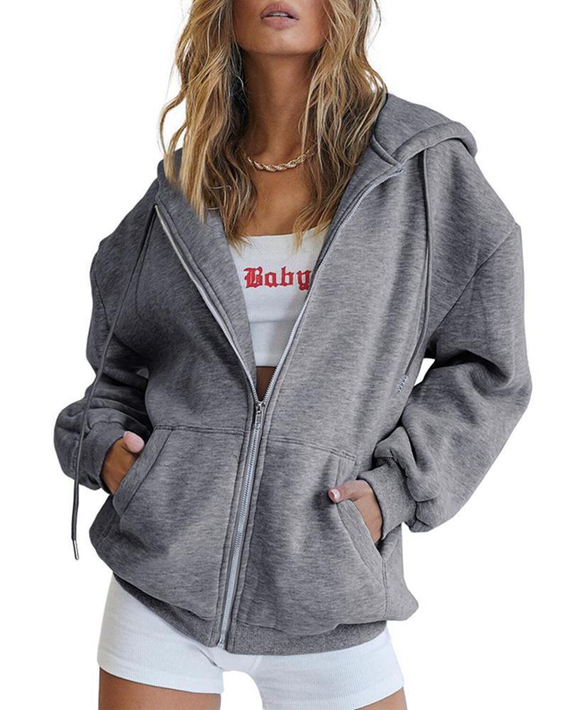 Women's Fashion Casual Solid Color Drawstring Zipper Hooded Sweatshirt