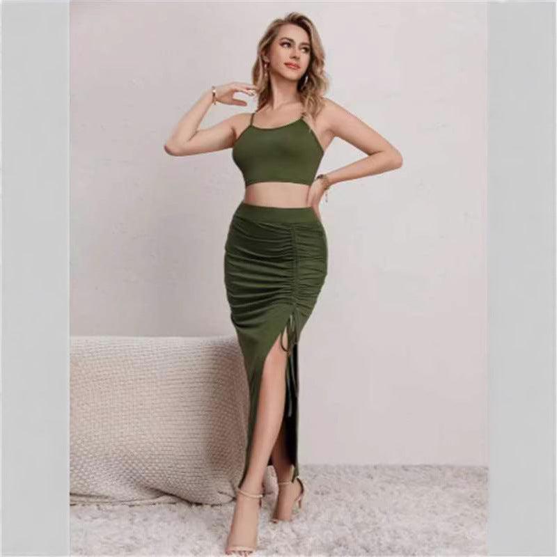 Slim Fit Sleeveless Split Mid-length Dress Set Women