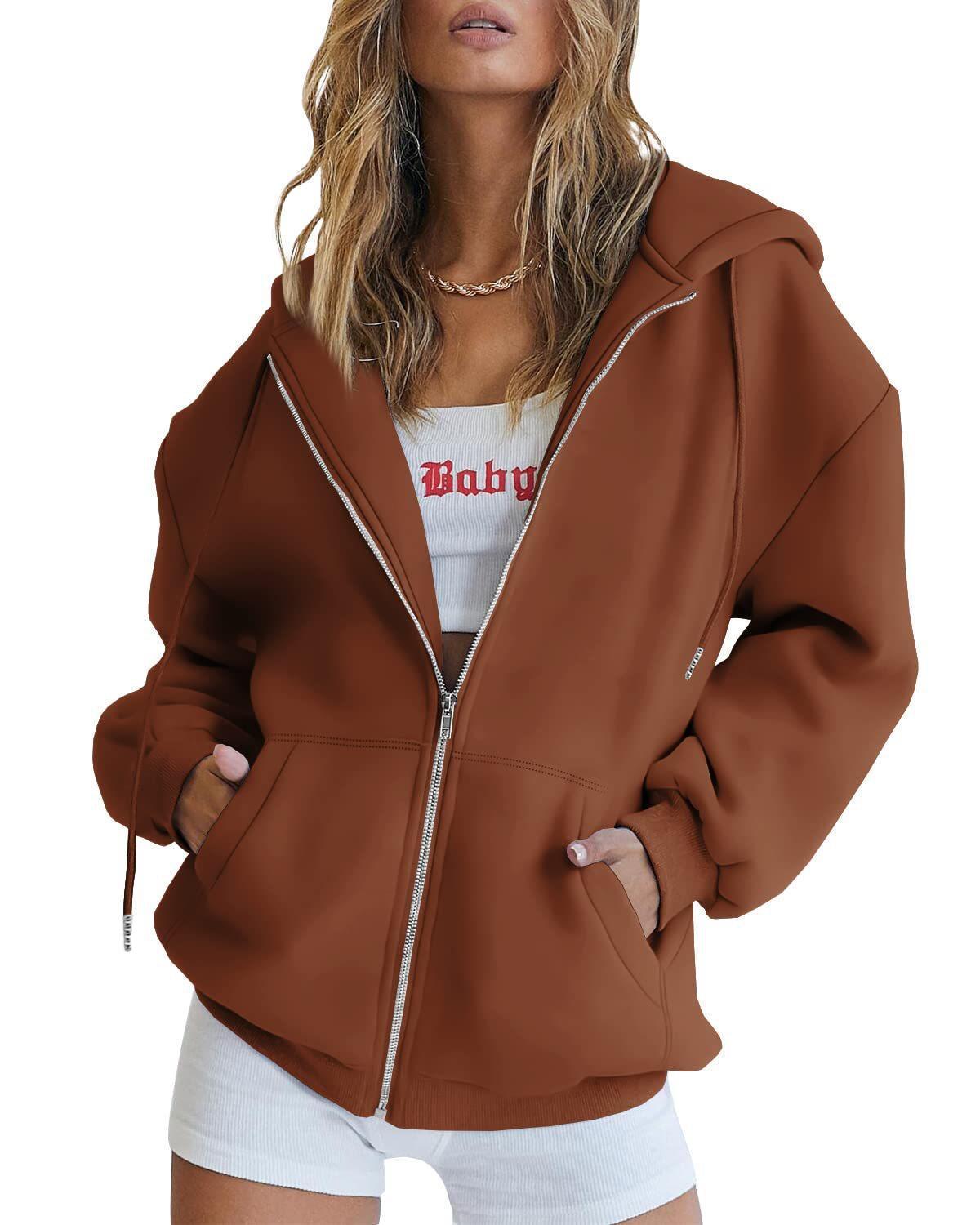 Women's Fashion Casual Solid Color Drawstring Zipper Hooded Sweatshirt