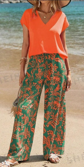 Women's Solid V-Neck Short Sleeve Top And Botanical Print Pants