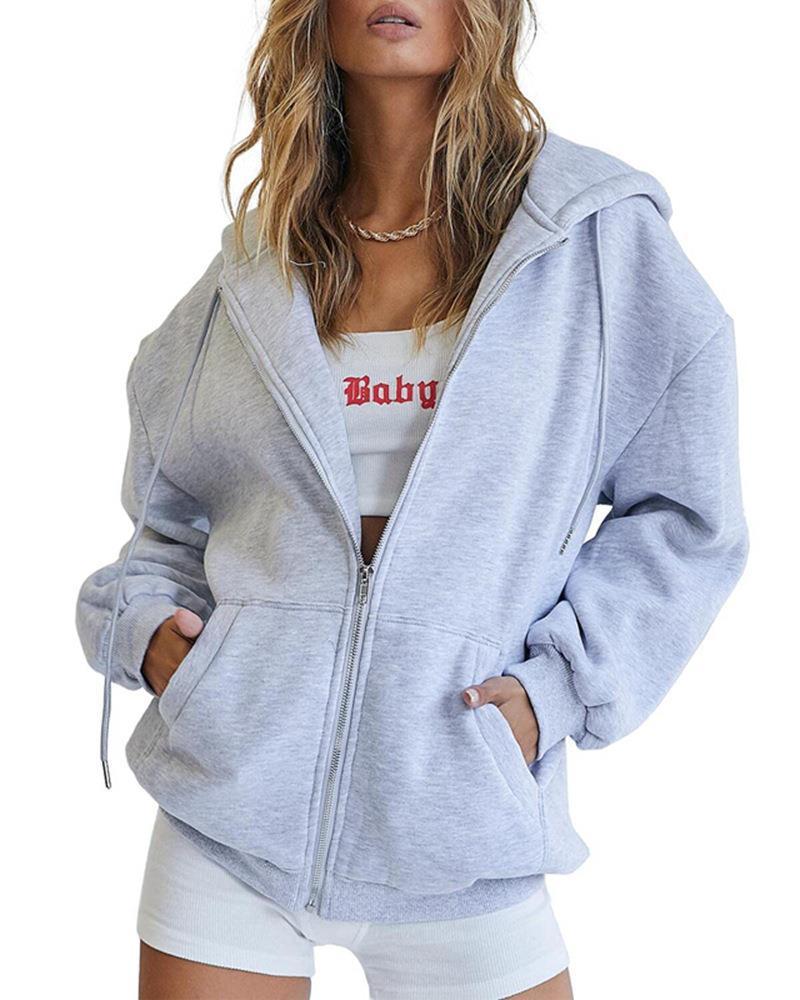 Women's Fashion Casual Solid Color Drawstring Zipper Hooded Sweatshirt