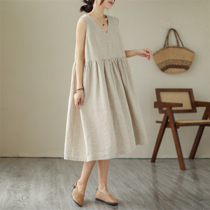 Summer New Japanese Loose Solid Color Cotton Linen V-neck Sleeveless Dress For Women