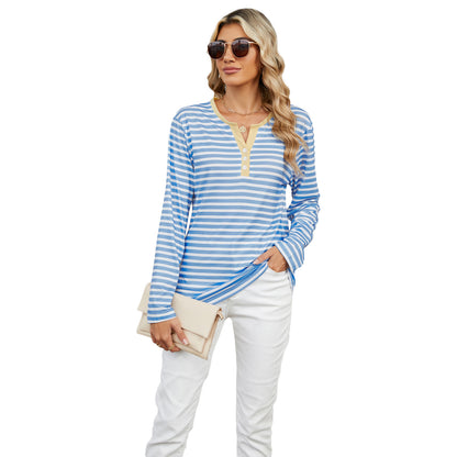 Women's V-neck Striped Loose Long-sleeved T-shirt Top