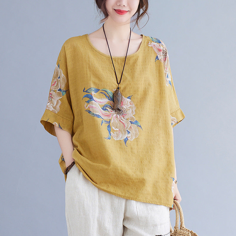 Korean Cotton Hemp Fat Mm Half Sleeve Top Summer