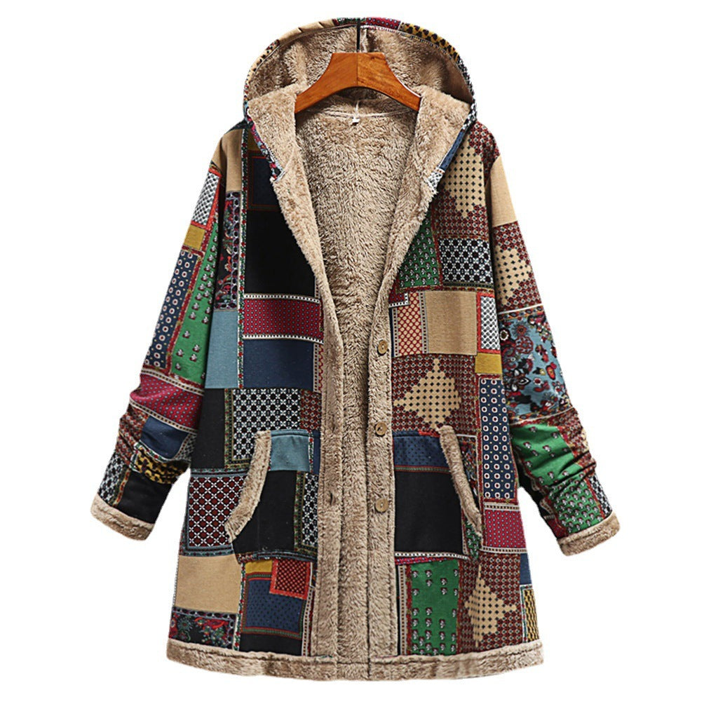 Cotton And Linen Printed Hoodie Warm Plush Coat