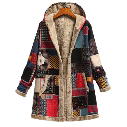 Cotton And Linen Printed Hoodie Warm Plush Coat