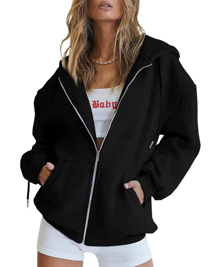 Women's Fashion Casual Solid Color Drawstring Zipper Hooded Sweatshirt