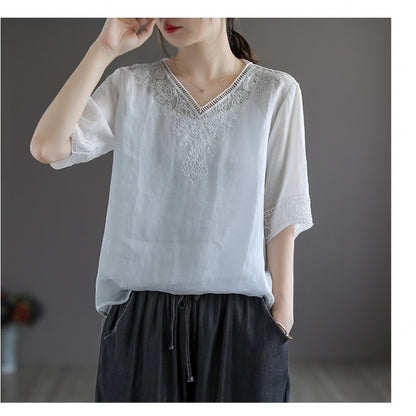 Women's Fashion Retro Cotton And Linen Embroidered V-neck Short-sleeved T-shirt