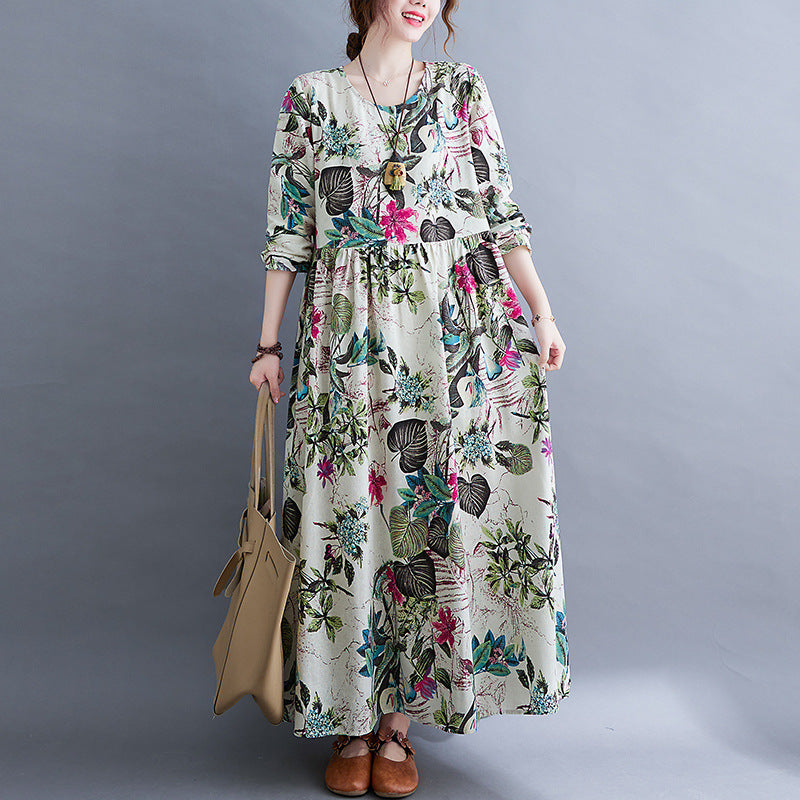 Literary Plus Size Printed Long Sleeve Dress