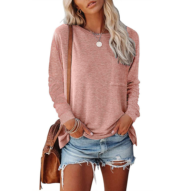 Pocket Split Long-sleeved Casual Bottoming T-shirt